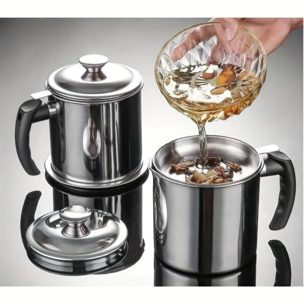 Grease Container with Strainer Stainless Steel – Kitchen Bacon Fat Storage Can with Easy Pour Handle for Cooking Oils and Fats