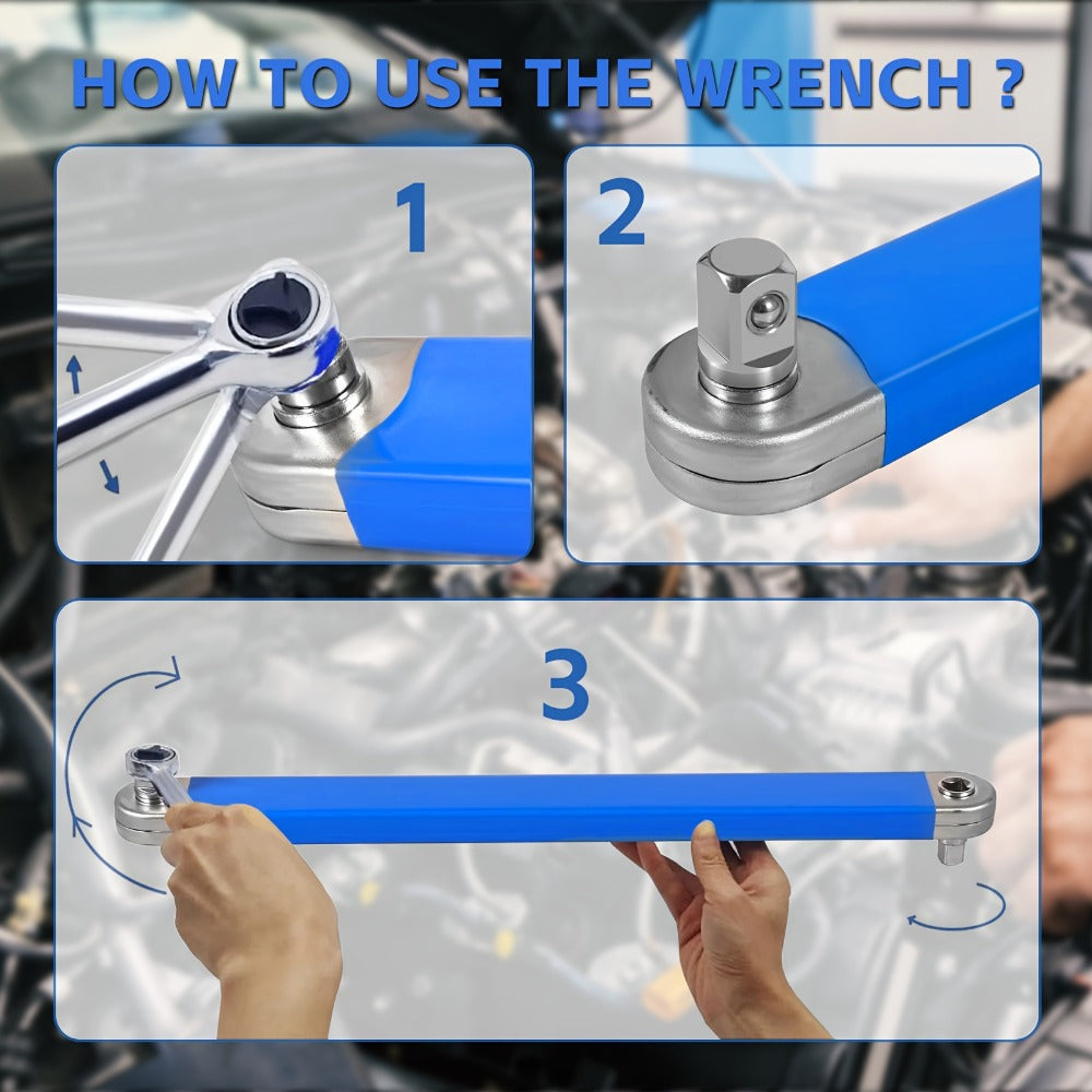 Ratchet Wrench 2-in-1 Offset Extension with 1/4" 3/8" 1/2" Square Head Adapters, 180-Degree Rotation High Torque Non-Slip Handle