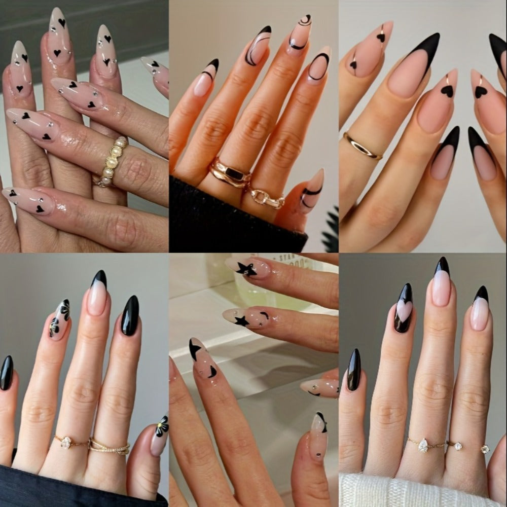 Press On Nails 144-Piece Short Almond Set with Pink Flowers, Rhinestones, Black French Tips and Glue