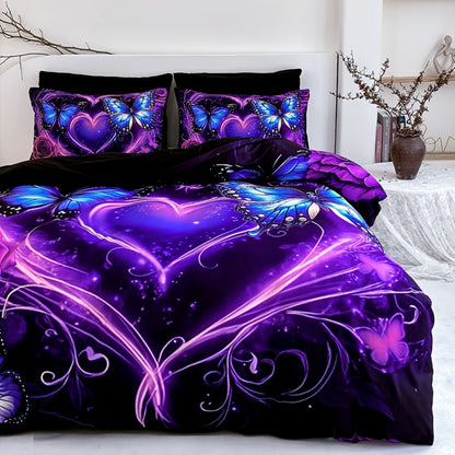 3-Piece Duvet Cover Set with Purple Butterfly, Rose and Heart Print, Zipper Closure and Four Sizes