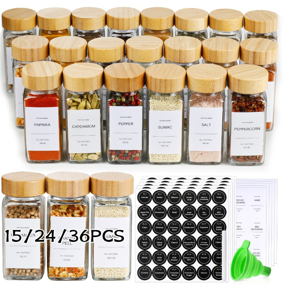Glass Spice Jars with Labels and Lids 4oz, Empty Spice Bottles with Foldable Funnel for Kitchen Organization