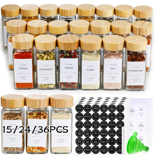 Glass Spice Jars with Labels and Lids 4oz, Empty Spice Bottles with Foldable Funnel for Kitchen Organization