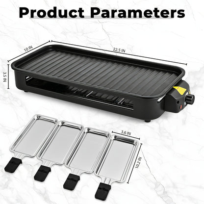 Indoor Smokeless Electric Grill 1500W Non-Stick Raclette Table Grill with Removable Plate & 3 Mini Pans Compact BBQ Griddle