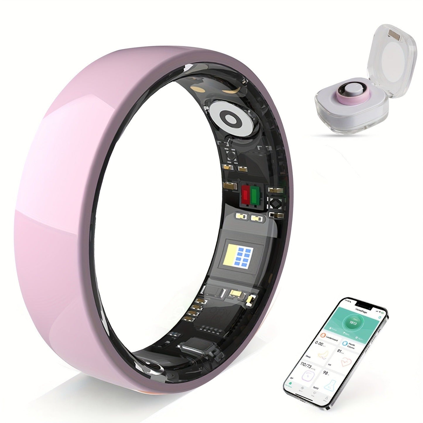 N-Style Smart Ring with Screenless Sensor Design, Charging Case, Black, Pink or White Finish and Sizes 7–13