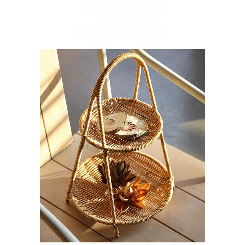 Round Tiered Serving Tray with Woven-Look Frame in Single- or Two-Layer Light Coffee Configurations