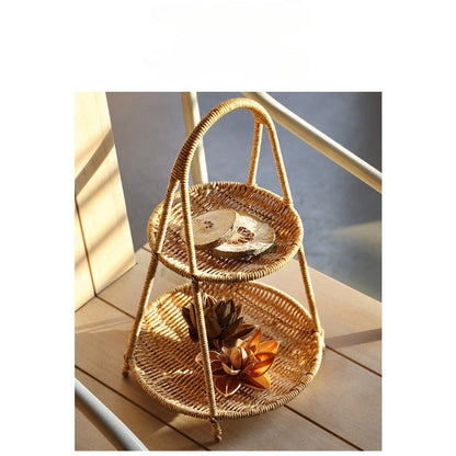 Round Tiered Serving Tray with Woven-Look Frame in Single- or Two-Layer Light Coffee Configurations