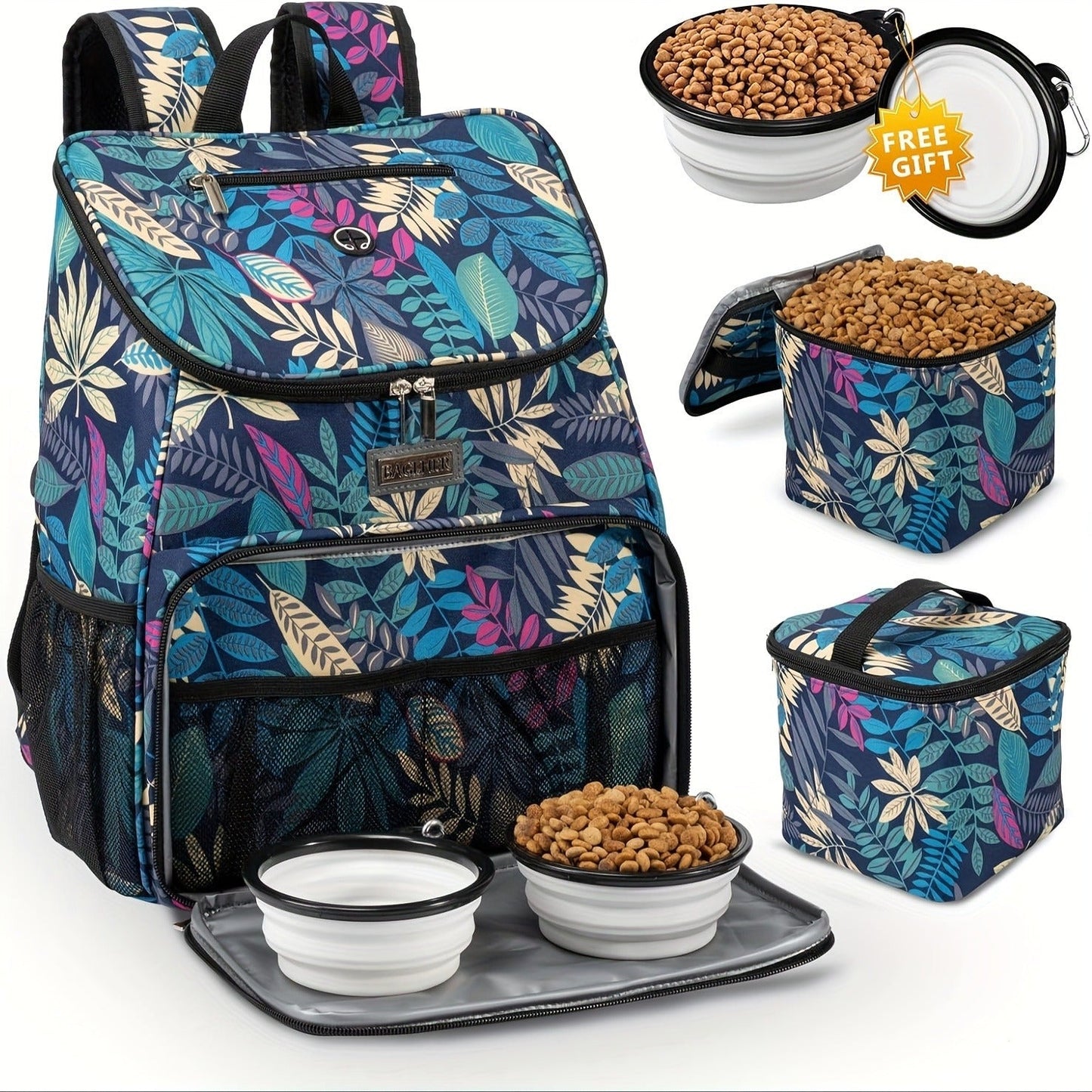 Pet Travel Backpack Double Layer Dog Cat Supplies Bag with 2 Collapsible Bowls 2 Food Baskets Portable Organizer for Outdoor Hiking Camping