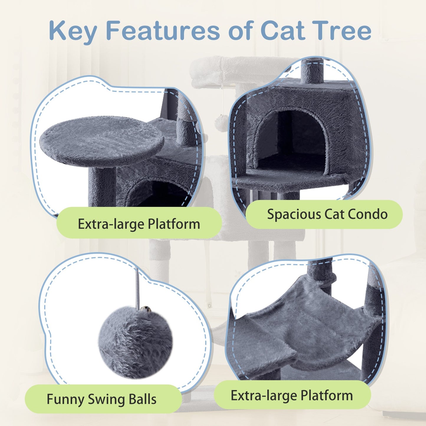 44-Inch Cat Tree Tower with Condo & Hammock – Multi-Level Indoor Cat Tree with Natural Sisal Scratching Posts