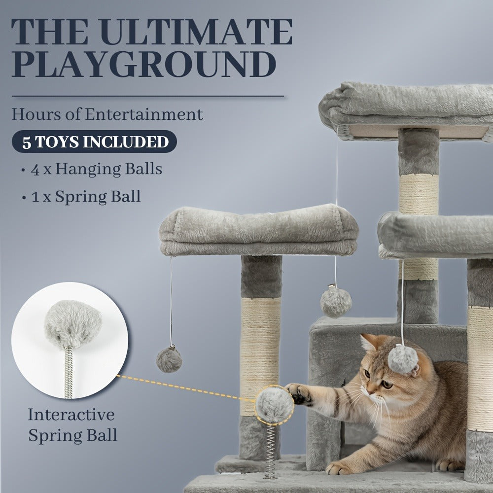Large Multi-Level Cat Tower with Two Condos, Three Perches, Hammocks and Six Gray, Beige or Taupe Configurations