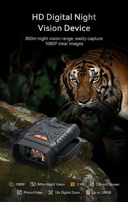 Black Digital Night Vision Binoculars without Memory Card, 2.8-Inch Screen, 10X Digital Zoom and Seven IR Levels