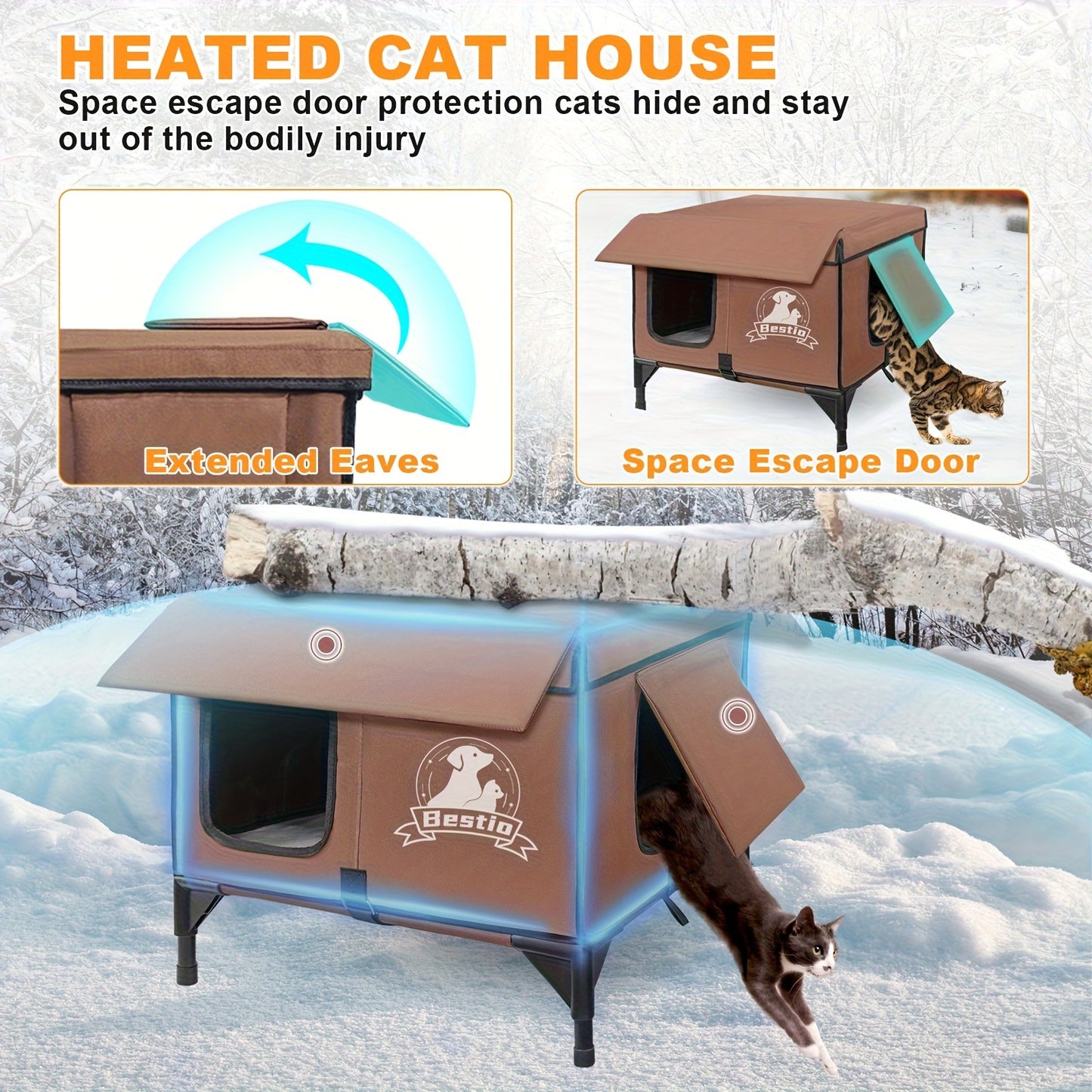 Heated Cat House 3-in-1 with Removable Warming Pad, Elevated Cat Bed for Indoor & Outdoor Cats, Chew-Resistant Cord, Double Door Cat Cave