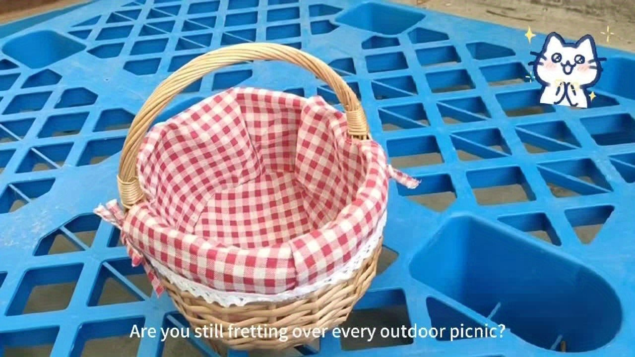 Large Wicker Picnic Basket with Split Lid, Central Carry Handle and Red Checkered Textile Lining
