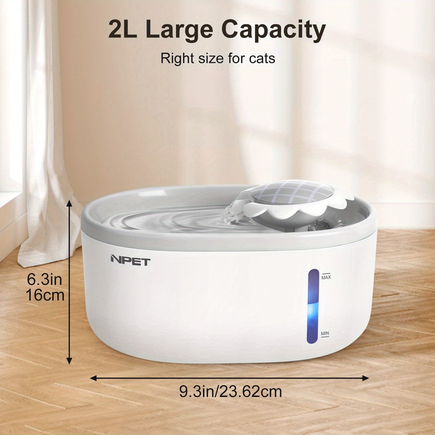 Automatic Pet Water Fountain 2L / 67oz – Ultra-Quiet Pump, Visible Water Level Window, Cat & Dog Water Dispenser, Safe BPA-Free Design