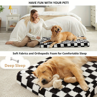 Orthopedic Dog Bed with Removable Washable Cover – Non-Slip Bottom, Black & White Plaid, Soft Memory Foam Dog Sofa Bed
