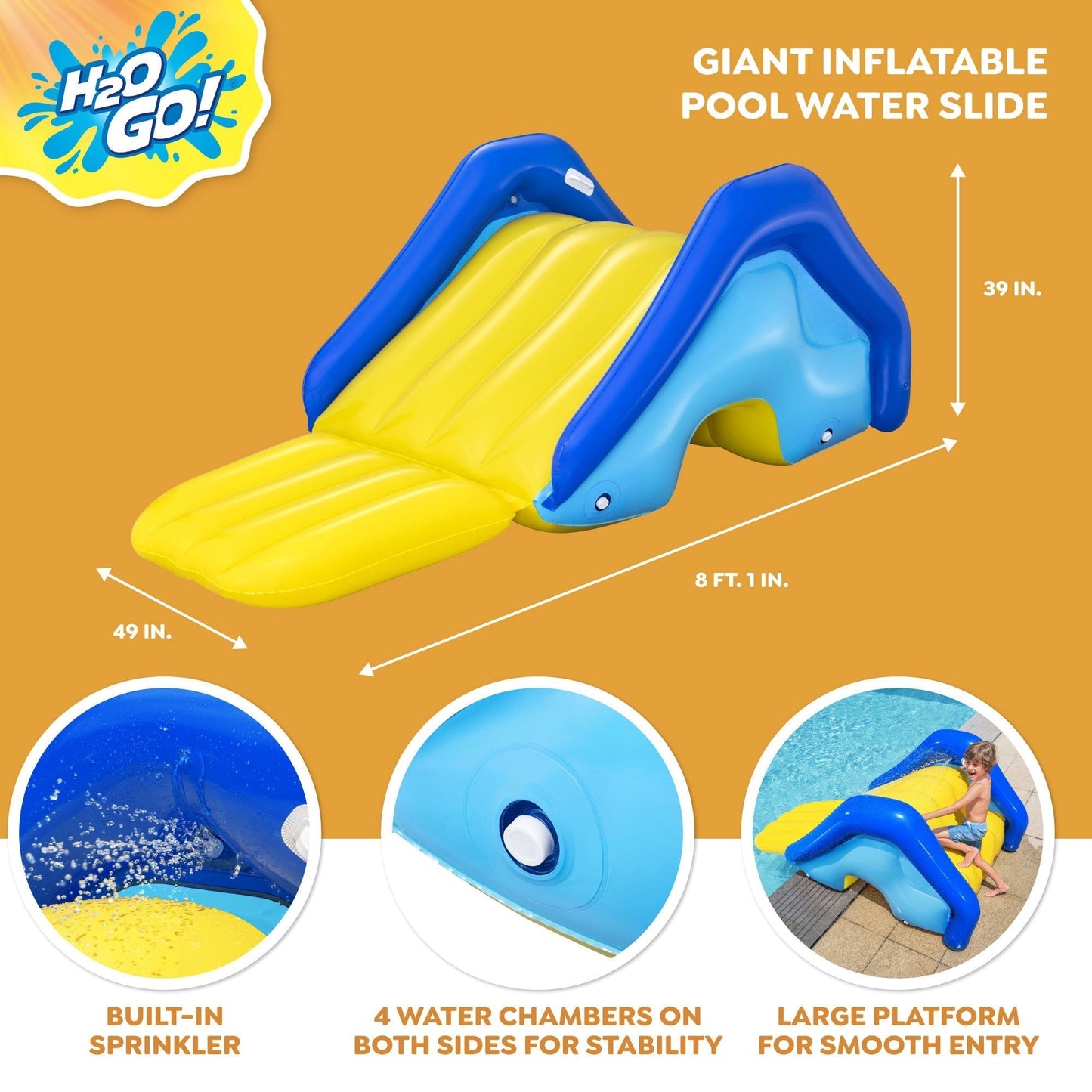 Inflatable Pool Water Slide Giant, 97x49x39 Inch Backyard Waterslide with Built-In Sprinkler, 4 Water Chambers for Stability
