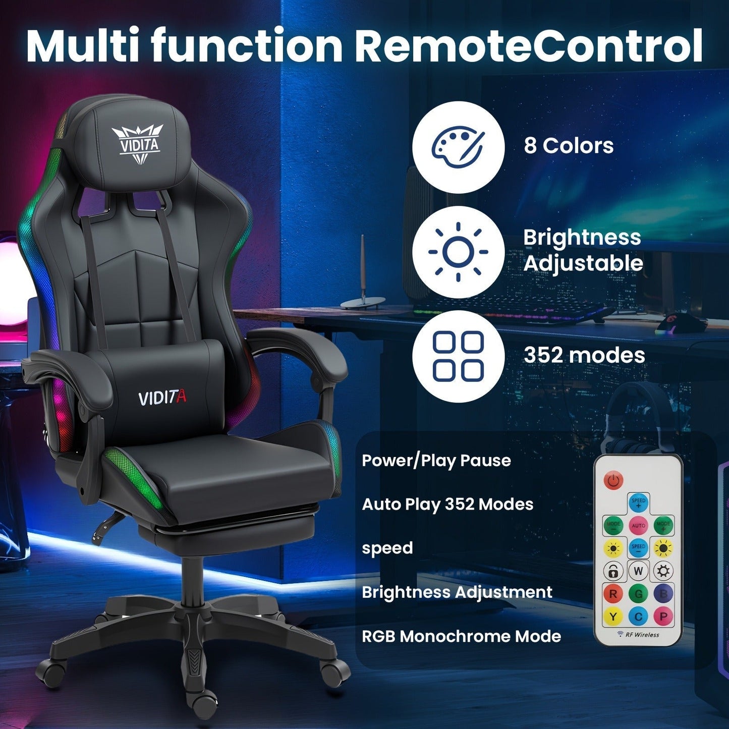 RGB Gaming Chair with LED Lights Footrest Ergonomic Gaming Chair with Massage Lumbar Support Reclining Video Game Chair for Adults Home