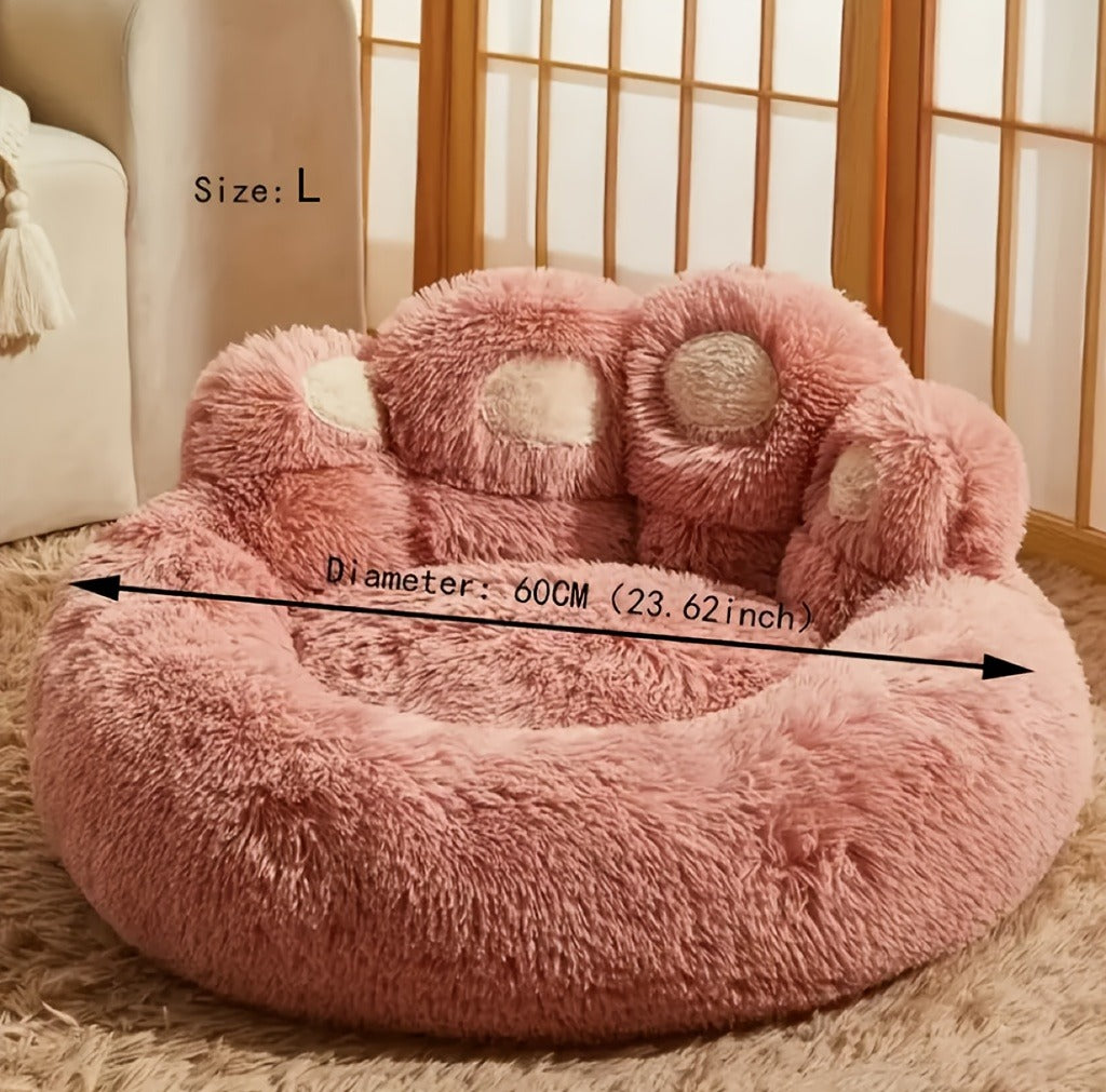 Bear-Paw Round Plush Pet Bed in Coffee, Pink or Gray with Four Weight-Labeled Size Options