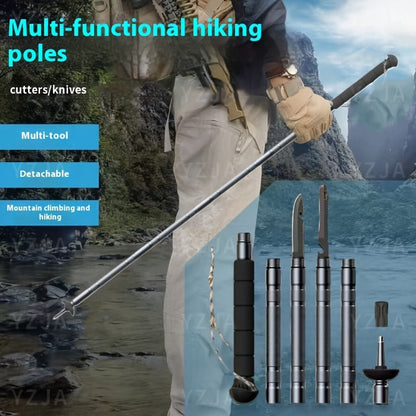 7-in-1 Tactical Hiking Staff – Adjustable Aluminum Alloy Mountaineering Stick with Compass, Fire Starter, Saw, Screwdriver & Pliers