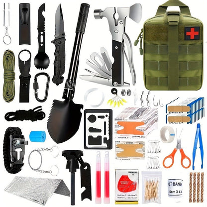 Emergency Survival Kit with MOLLE-Style Bag, Pictured Multi-Tool and First-Aid Assortment in Two Colors