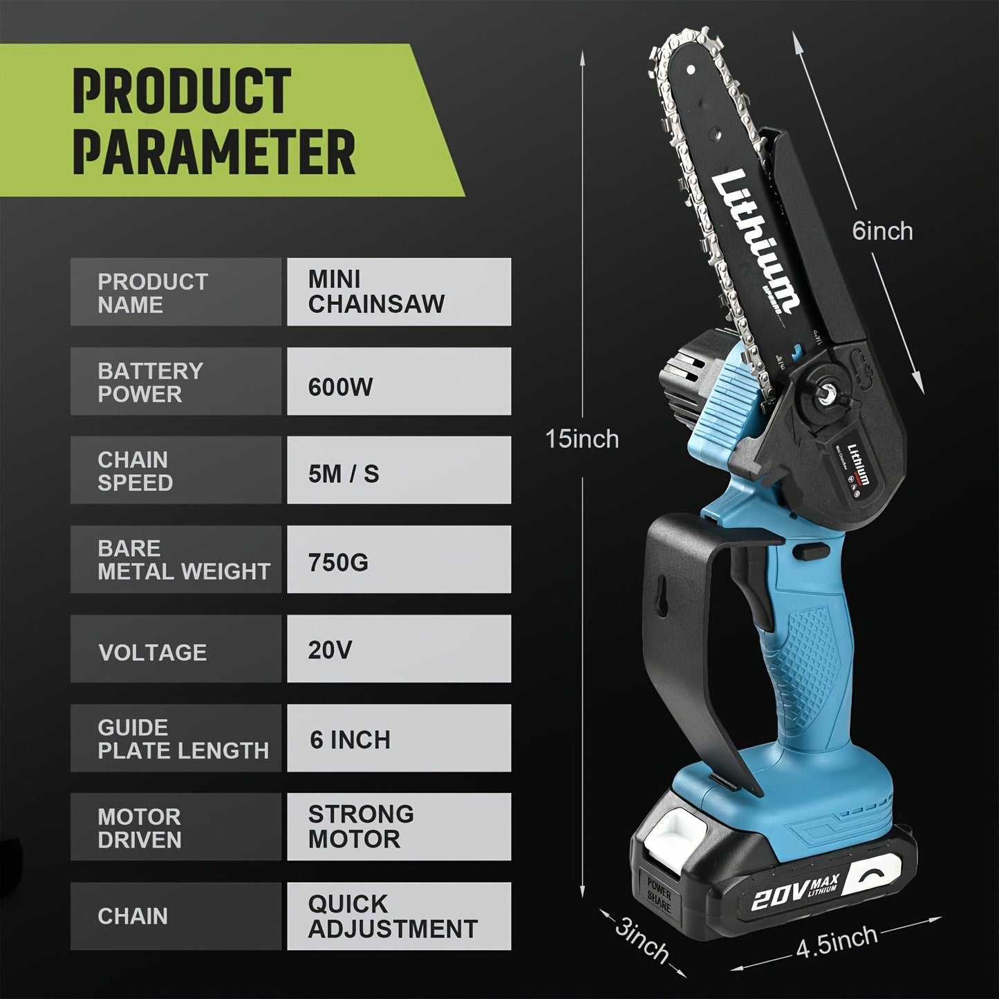 Cordless Brushless Chainsaw with 6- or 12-Inch Bar, One- or Two-Battery Kits in Purple, Green, Teal or Yellow