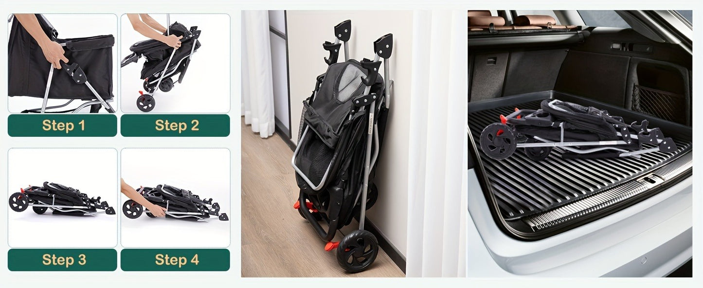 3-Wheel Pet Stroller for Small & Medium Dogs Cats – Foldable Jogger Stroller with Weather Cover, Storage Basket & Cup Holder