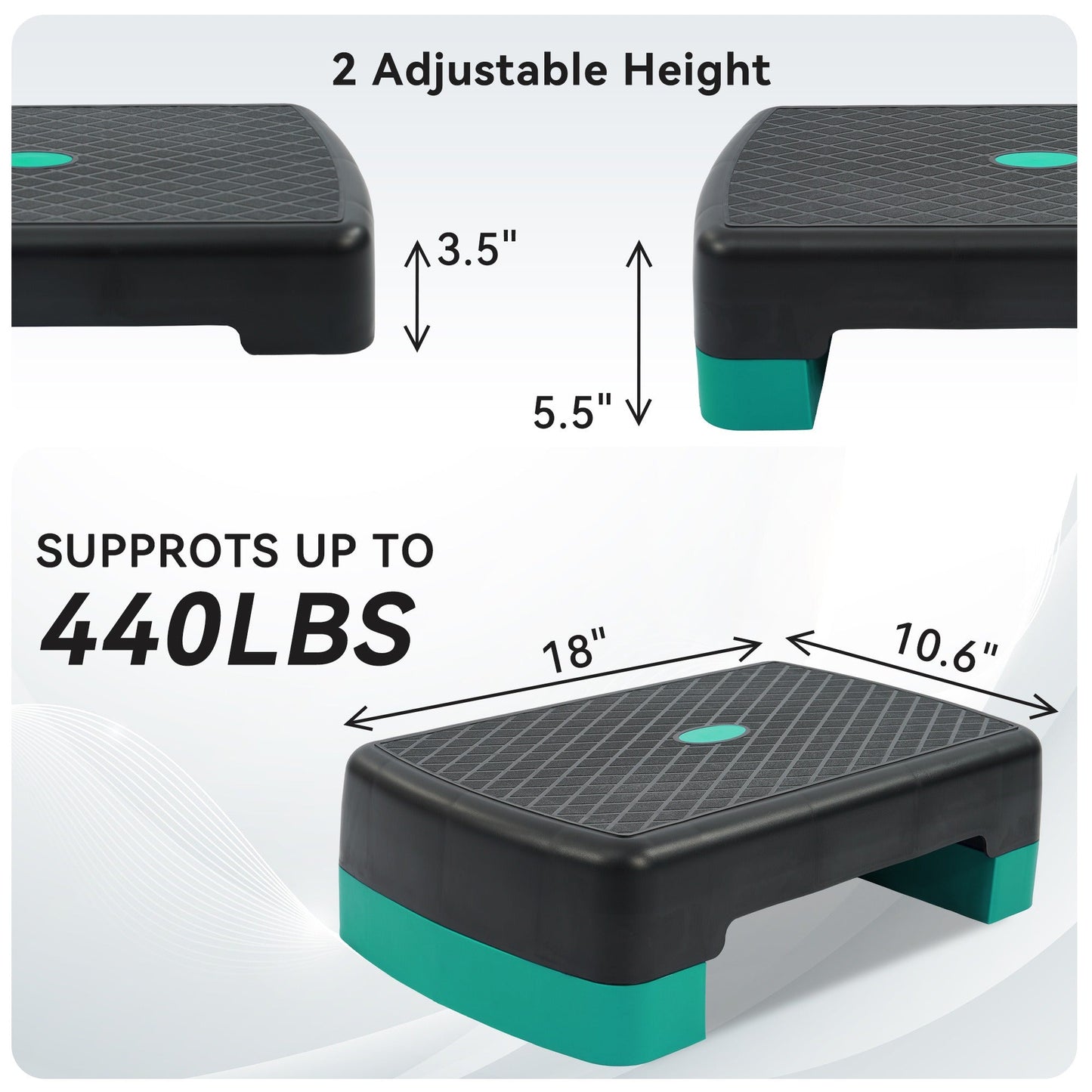 Aerobic Step Platform Adjustable Height with 2 Risers – Non-Slip Workout Stepper 18"x11", 440 LB Capacity