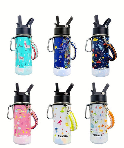 FIANSILL 16oz Stainless Steel Water Bottle with Flip-Up Straw Lid, Wrist Strap, Carabiner and Eight Prints