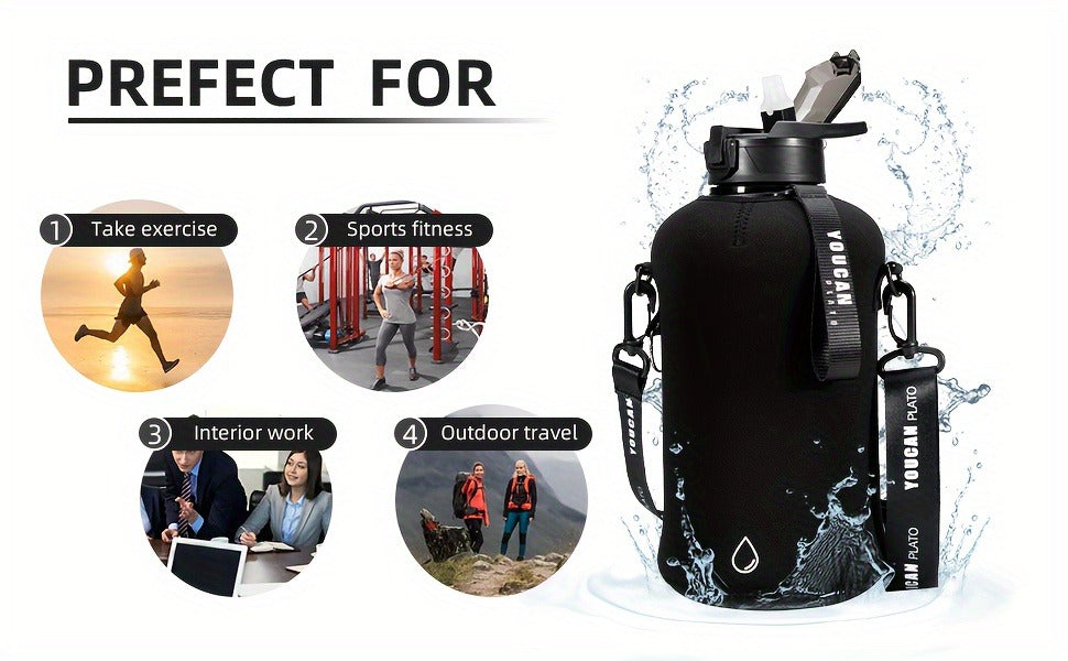 Half Gallon Water Bottle 74oz with Insulated Sleeve, Straw & Time Marker – BPA Free Leakproof Large Sports Jug with Carrying Handle & Strap