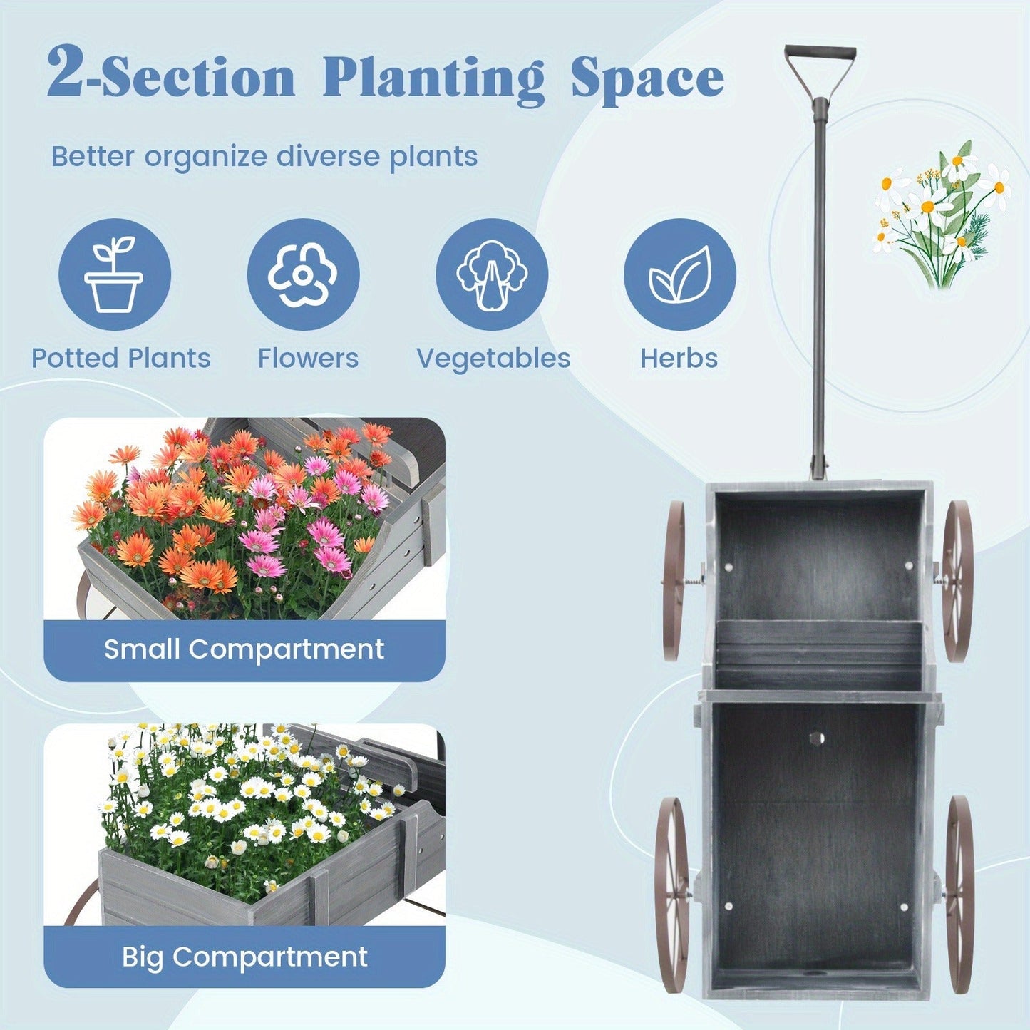Wooden Flower Stand with 4 Wheels, Rolling Plant Trolley for Garden, Balcony & Terrace, for Garden, Patio and Yard Use
