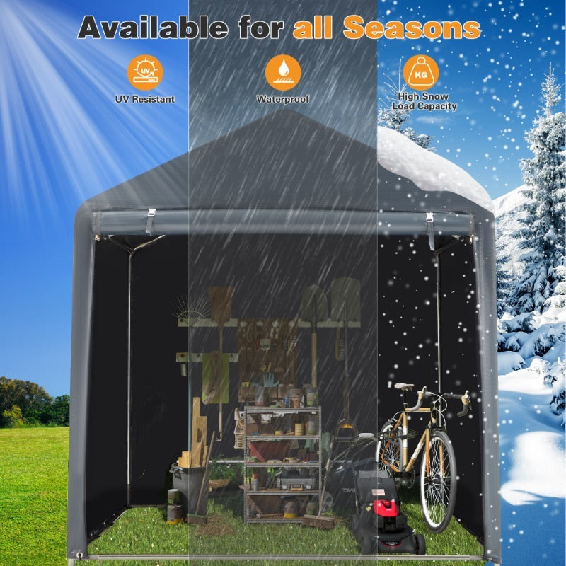 Portable PE-Tarpaulin Outdoor Storage Shelter with Steel Frame in 5 x 7.2 Ft or 6.3 x 8 Ft Sizes
