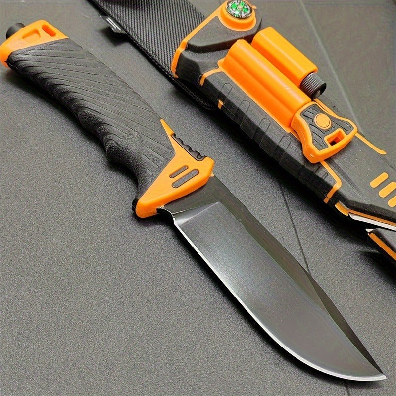 Fixed Blade Outdoor Camping Knife 9.64 Inch Stainless Steel, Survival Hunting Knife with Flint Fire Starter Night Light Sharpener Safety