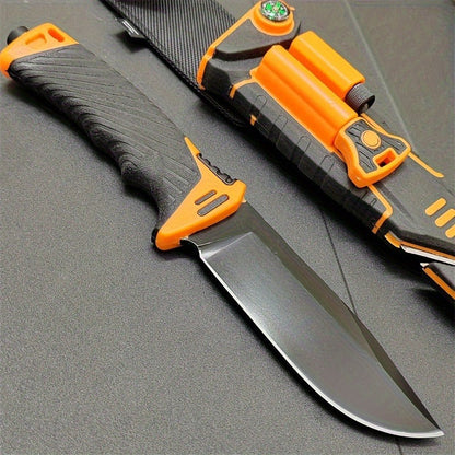 Fixed Blade Outdoor Camping Knife 9.64 Inch Stainless Steel, Survival Hunting Knife with Flint Fire Starter Night Light Sharpener Safety
