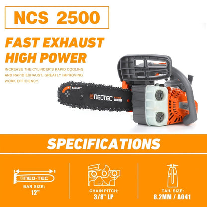 25.4CC 12-Inch Top-Handle Gas Chainsaw with Two-Stroke Engine and Pictured Accessory Group