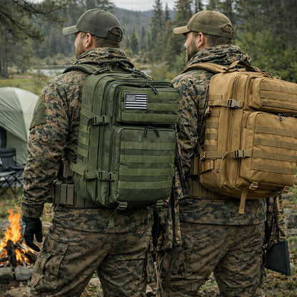 45L-Labeled Tactical Backpack with Front Utility Pockets and Black, Green, Khaki or Purple Options