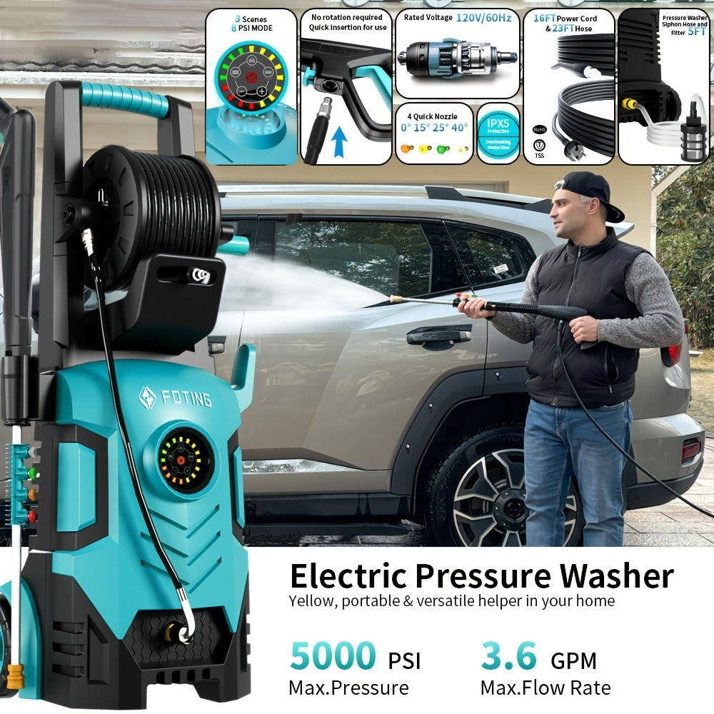 Pressure Washer 5000PSI Electric Power Washer 2.4-3.6GPM Adjustable 8-Level Touch Screen 34" Tall for Garden, Patio and Yard Use
