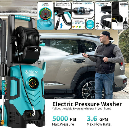 Pressure Washer 5000PSI Electric Power Washer 2.4-3.6GPM Adjustable 8-Level Touch Screen 34" Tall for Garden, Patio and Yard Use