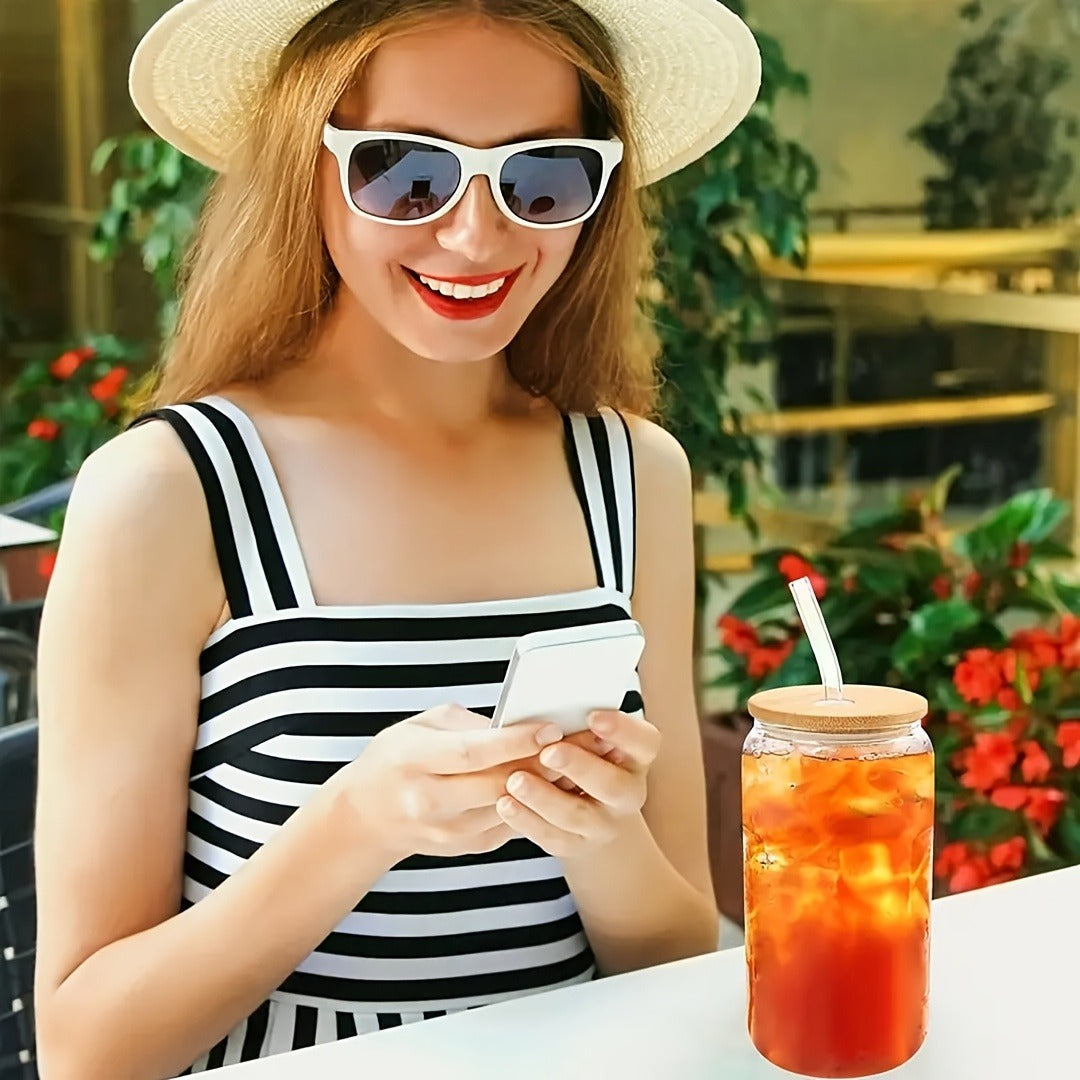 Drinking Glasses Set with Lid and Straw 550ml Oval Glass Cups 4 or 6 Piece, for Home Cooking, Dining and Outdoor Meals