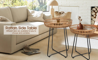 Side Table Rattan Collection with Bamboo-Woven Tops, Metal Bases and 18- or 20.4-Inch Options