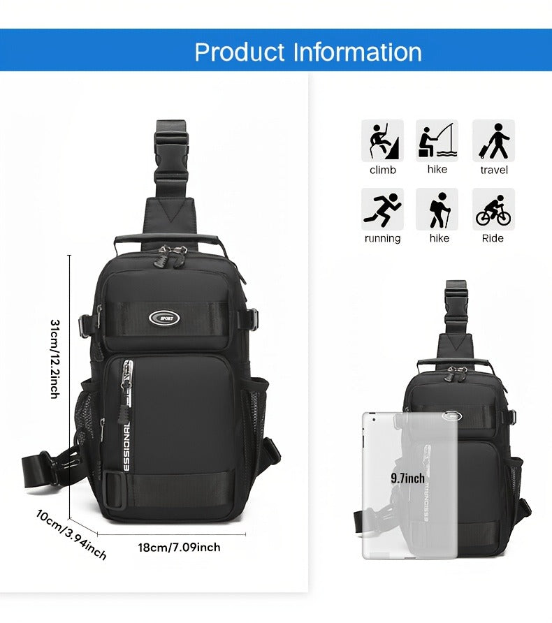 Multi-Pocket Crossbody Chest Pack with Adjustable Sling Strap, Zipper Compartments and Black or Grey Finish