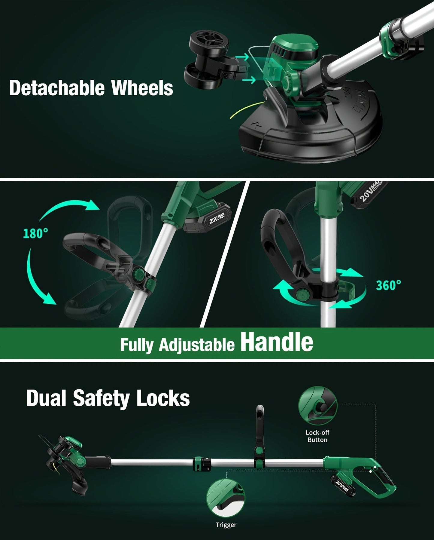 String Trimmer Cordless 2-in-1 Weed Wacker & Lawn Edger with Wheels, KIMO Brushless Motor 20000 RPM