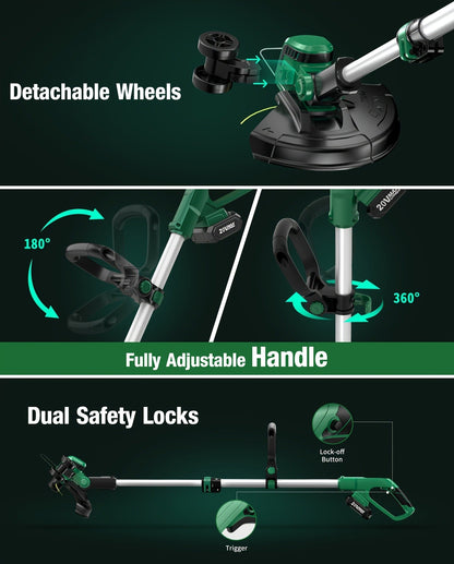 String Trimmer Cordless 2-in-1 Weed Wacker & Lawn Edger with Wheels, KIMO Brushless Motor 20000 RPM