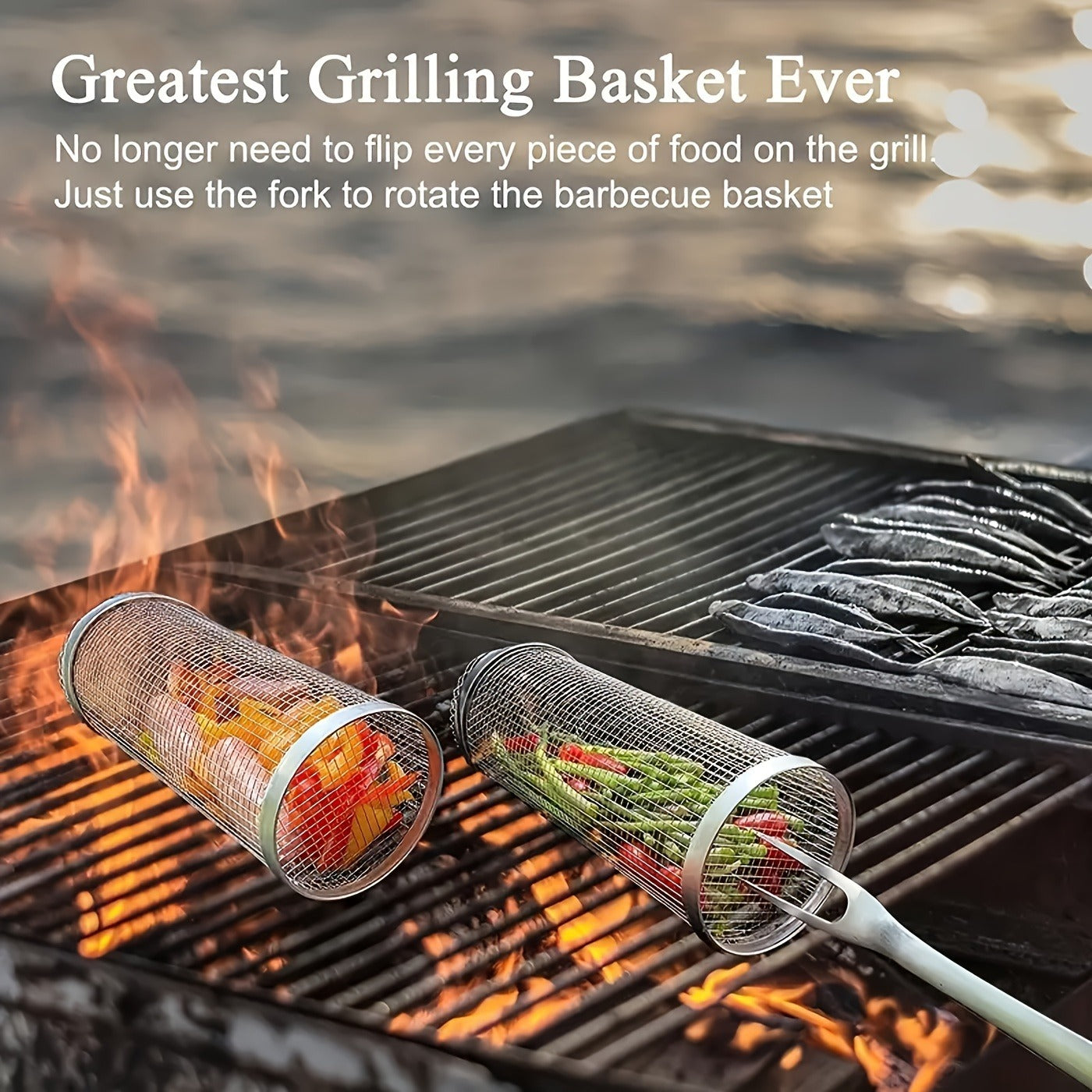 Rolling Grill Basket Stainless Steel 2-Pack, Cylinder BBQ Basket with Hook & Fork for Vegetables
