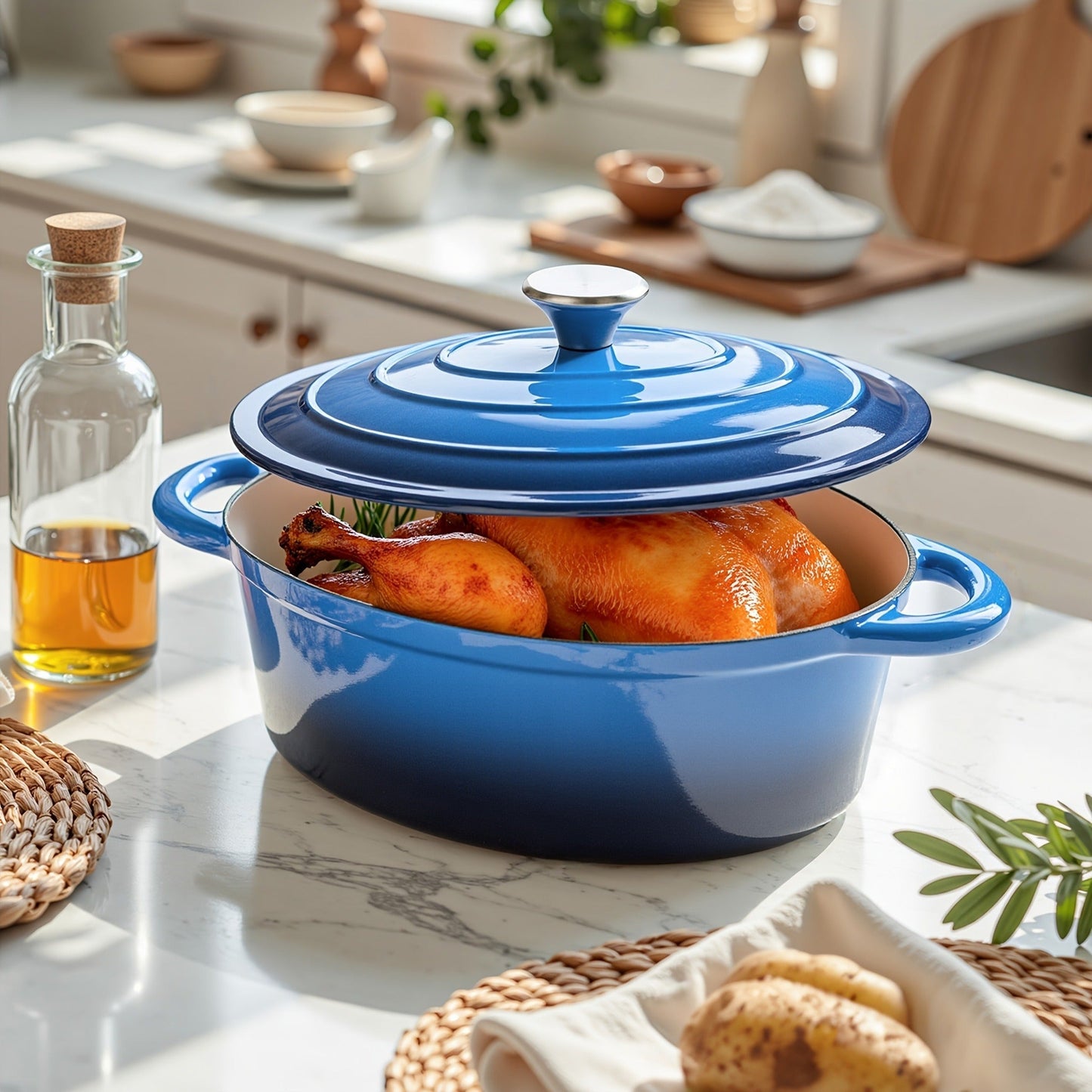 Dutch Oven Enameled Cast Iron 4.5QT with Lid & Dual Handles – Oval Non-Stick Enamel Coating for Bread Baking Soups Stews Braising | Stovetop