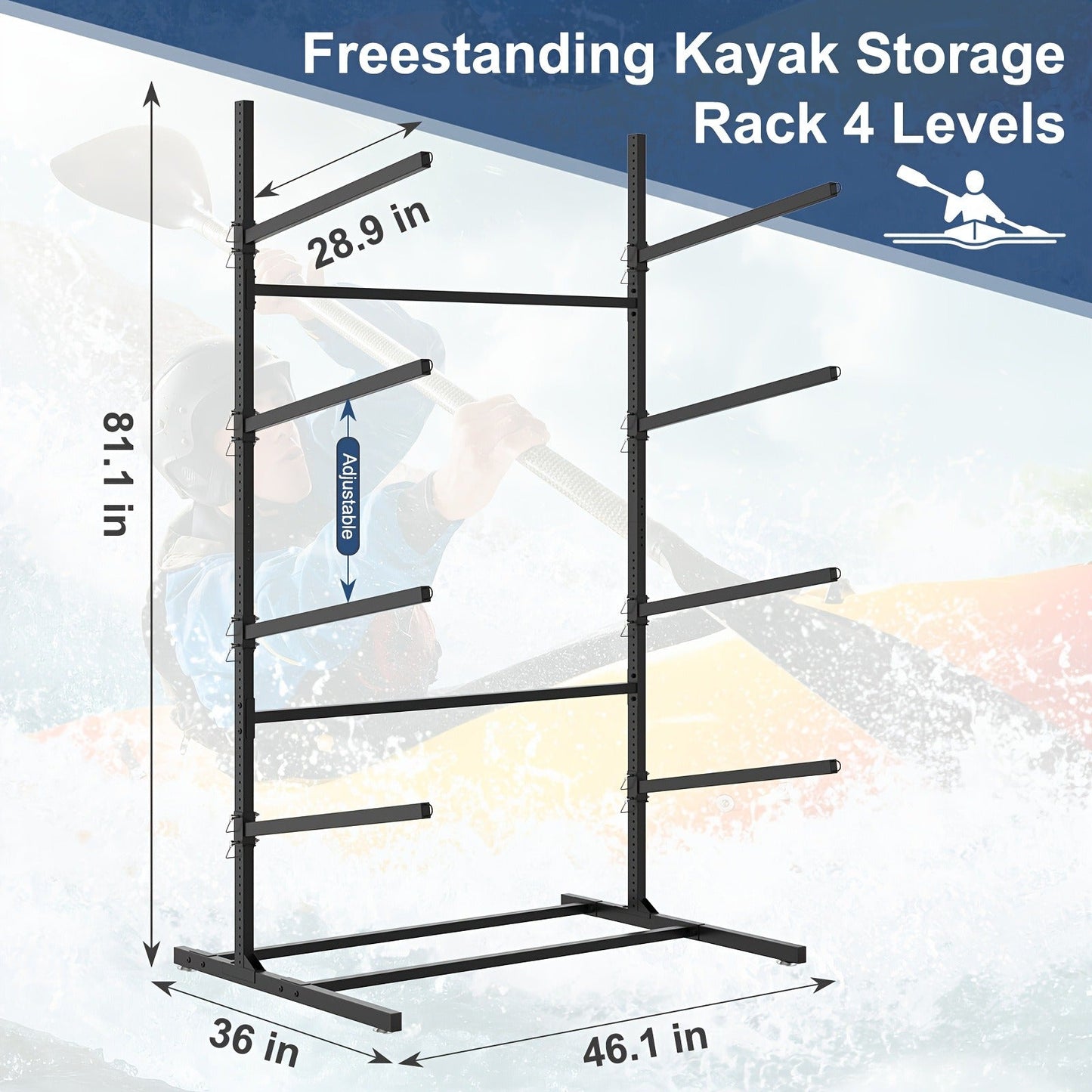 Kayak Storage Rack, Adjustable Stand for SUP, Canoe & Paddle Board, Wall, Dock & Freestanding, 400 lbs Capacity