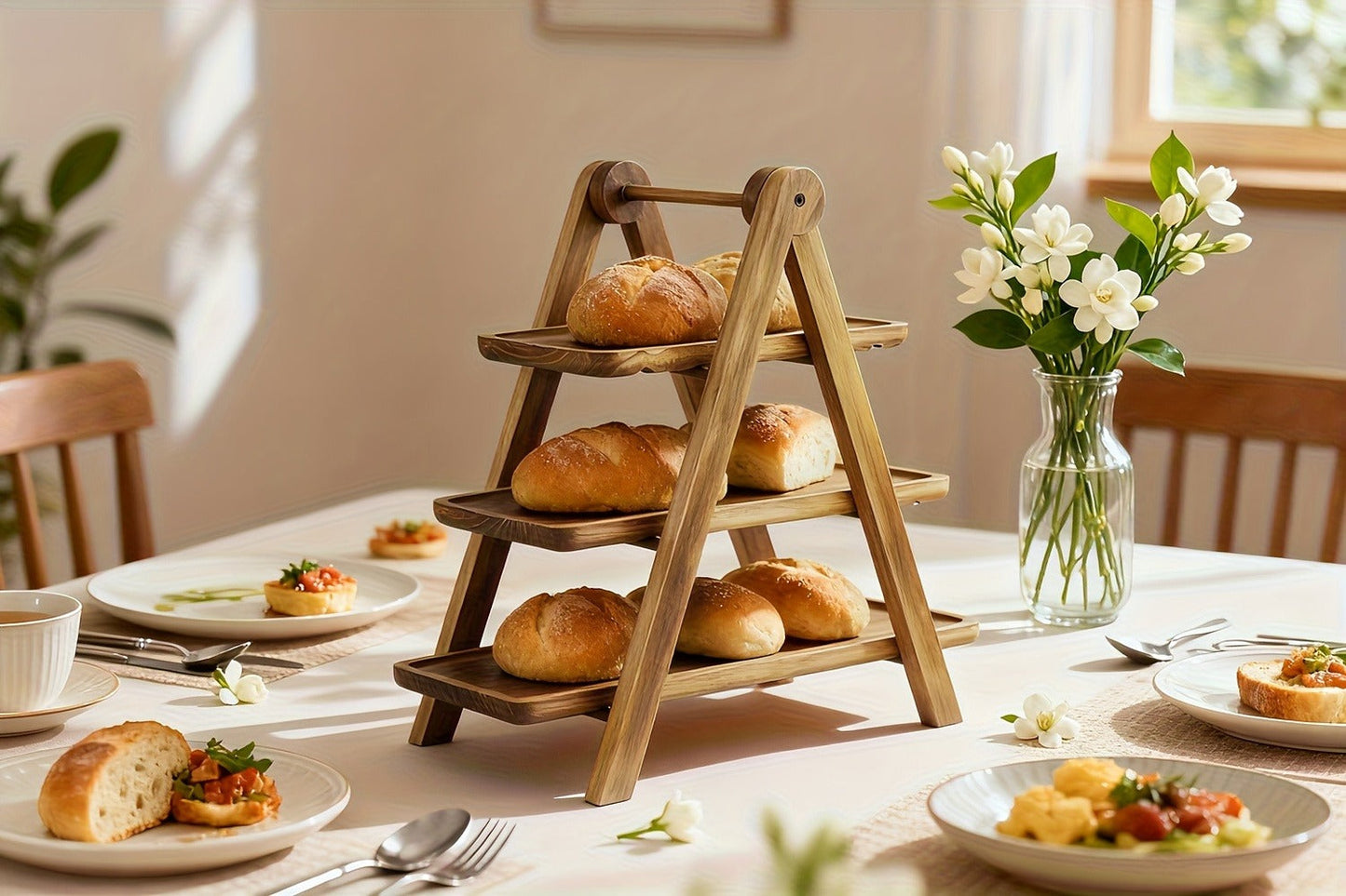 Cake Stand 3 Tier Wooden Serving Tray Farmhouse Dessert Display Cupcake Tower Bread Basket Collapsible Tiered Platter for Wedding Party