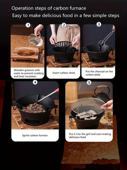 10.6-Inch Round Charcoal Grill Set with Cast-Iron Body, Cooking Grid, Wooden Base and Tongs