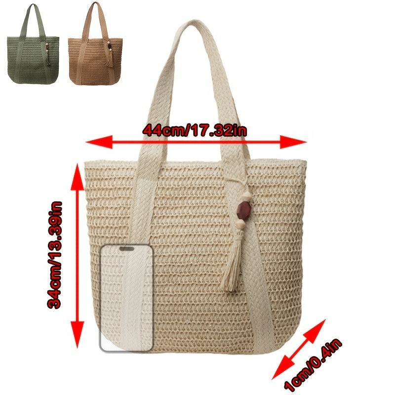 Straw Woven Tote Bag for Women with Tassel, Large Beach Storage and 3 Natural Color Options