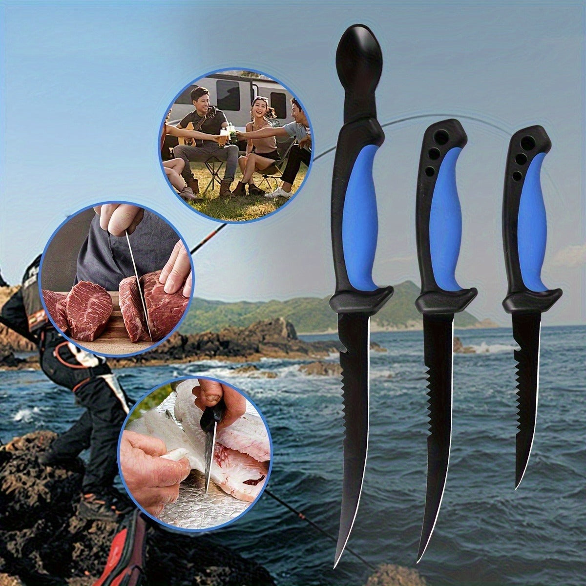 Fishing Knife Set 3-Piece Stainless Steel Fillet Boning Knife with Cut Resistant Gloves Fishing Line Cutter Stretch Rope for Fishing Camping