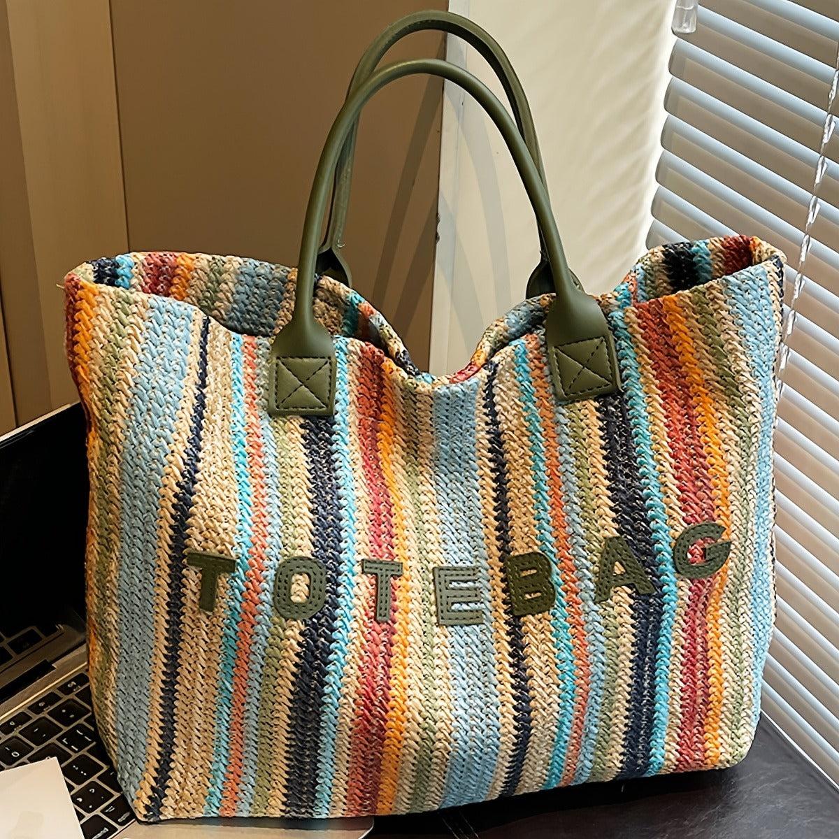 Straw Tote Bag for Women Large Capacity Bohemian Hand-Woven Striped Beach Bag Summer Vacation Shoulder Bag Colorful Letter Pattern