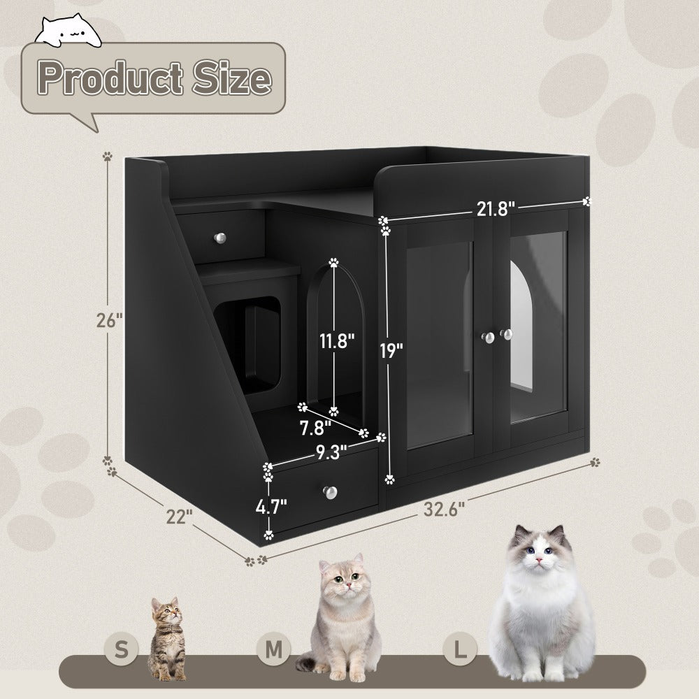 Cat Litter Box Enclosure Furniture Hidden Cabinet with LED Light & 2 Drawers – MDF Indoor Cat House Side Table with Acrylic Door